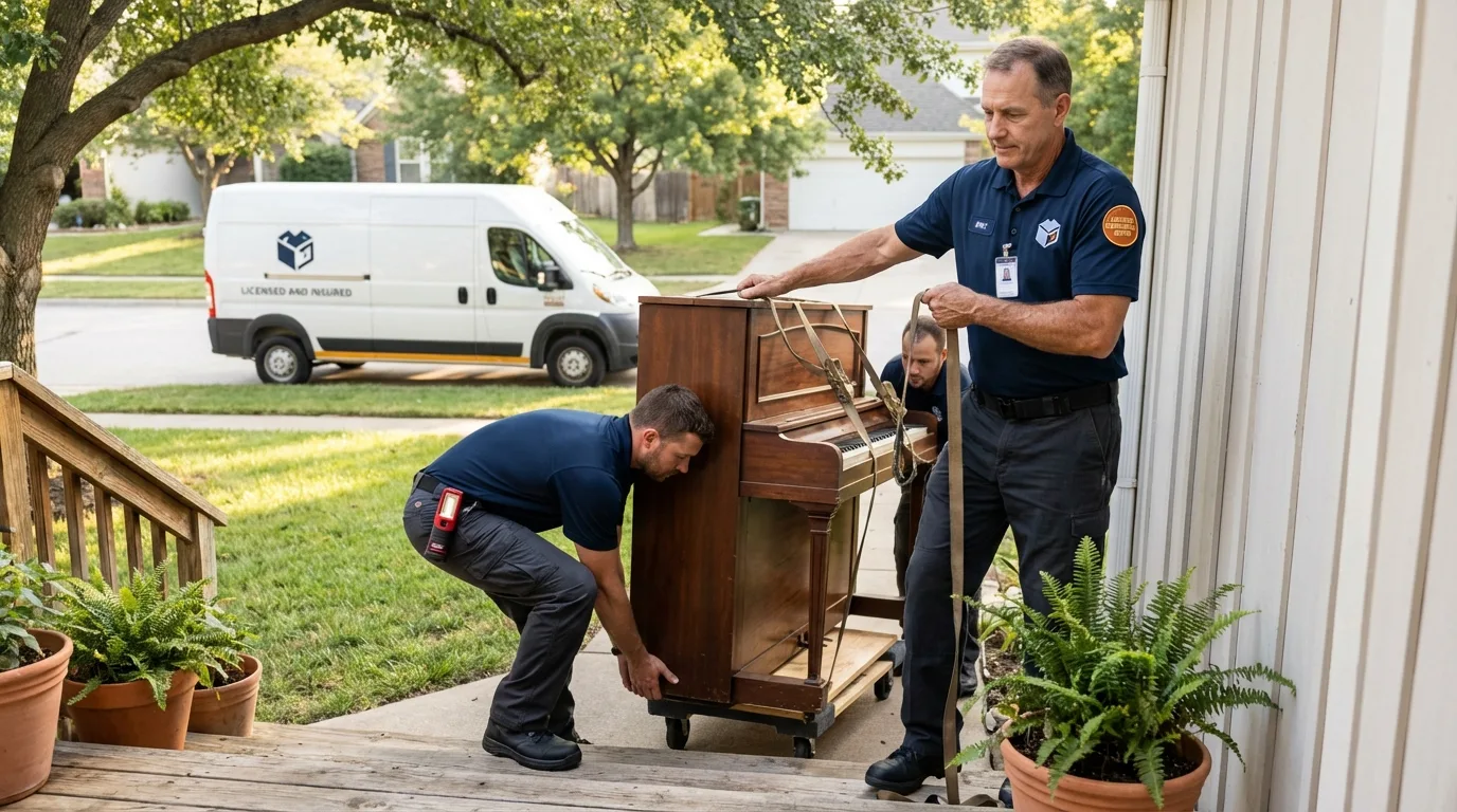 Licensed piano movers securing grand piano in Piqua, OH