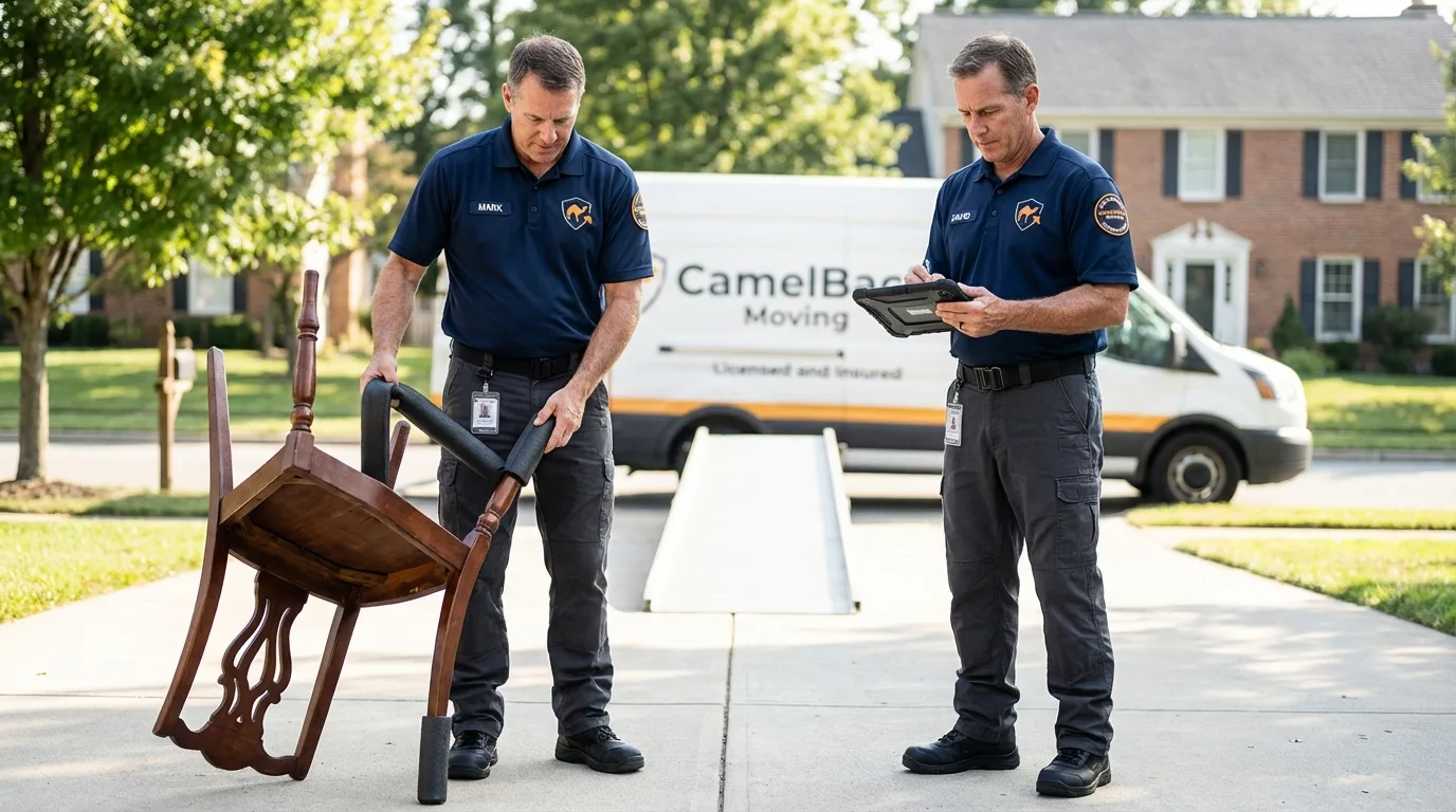 Movers inspecting furniture for damage prevention before loading in Piqua, OH
